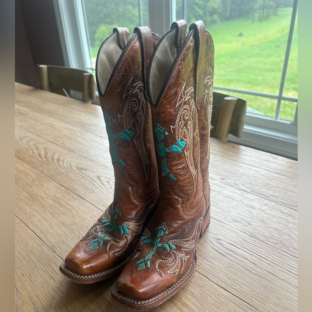 Women's Brown and Teal Western Cowboy Boots